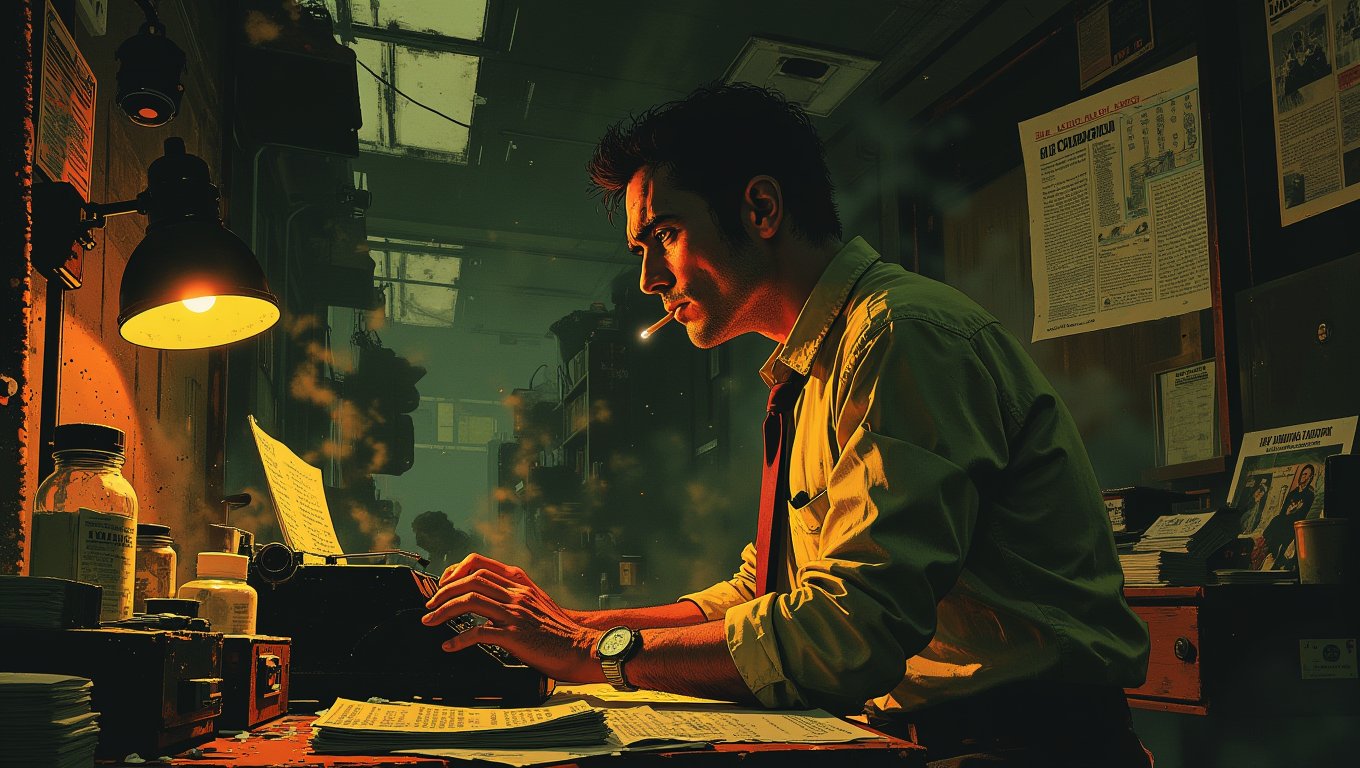 A hard-nosed journalist in a wrinkled shirt and tie, sitting in a cramped newsroom. He furiously types on a typewriter, cigarette smoke curling above his head. His desk is cluttered with papers and photographs, his focus unyielding as he chases the next big story<lora:Luminous_Shadowscape:0.7>