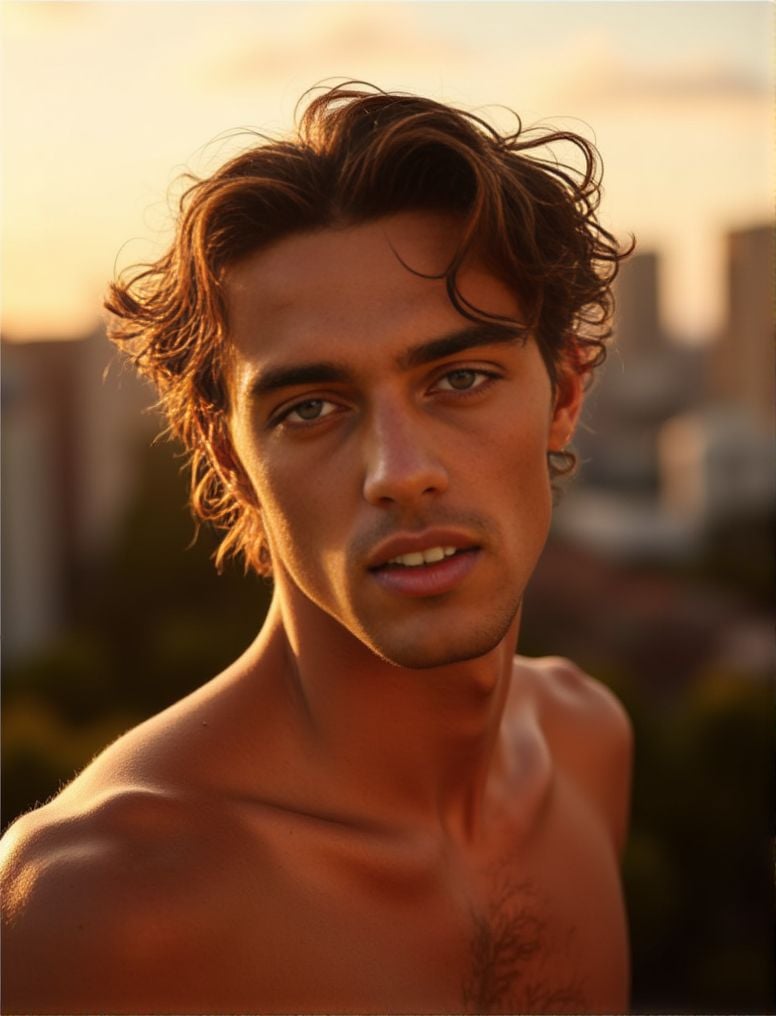 Thomas Ceccon ,  In the heart of a bustling city,  under the soft glow of a golden hour sunset by HottiesnHotties on Tenso...