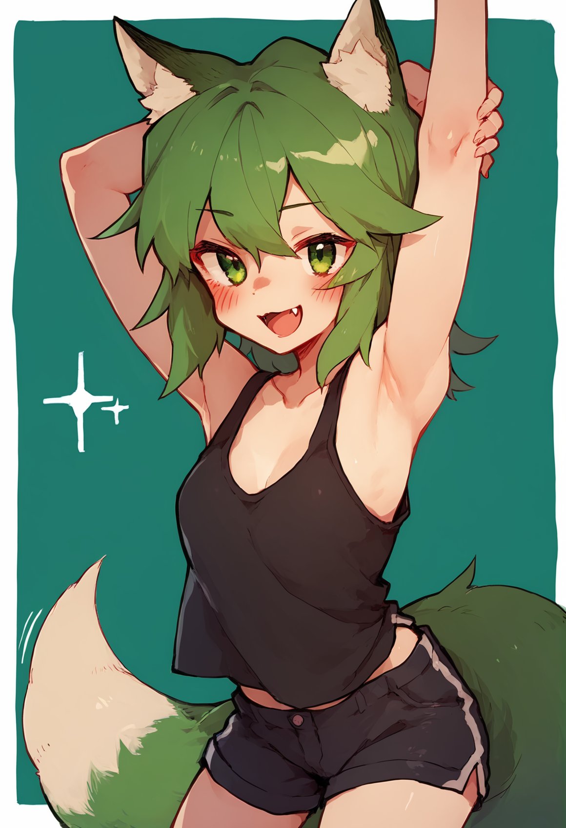 (score_9), score_8_up, score_7_up, zPDXL, 1girl, fox ears, fox tail, green hair, green eyes, smile, fangs, arms up, black tank top, black shorts, cowboy shot, green background, motion lines, blushing, rimukoro, <lora:Rimukoro_Style_XL_Pony-11:1>