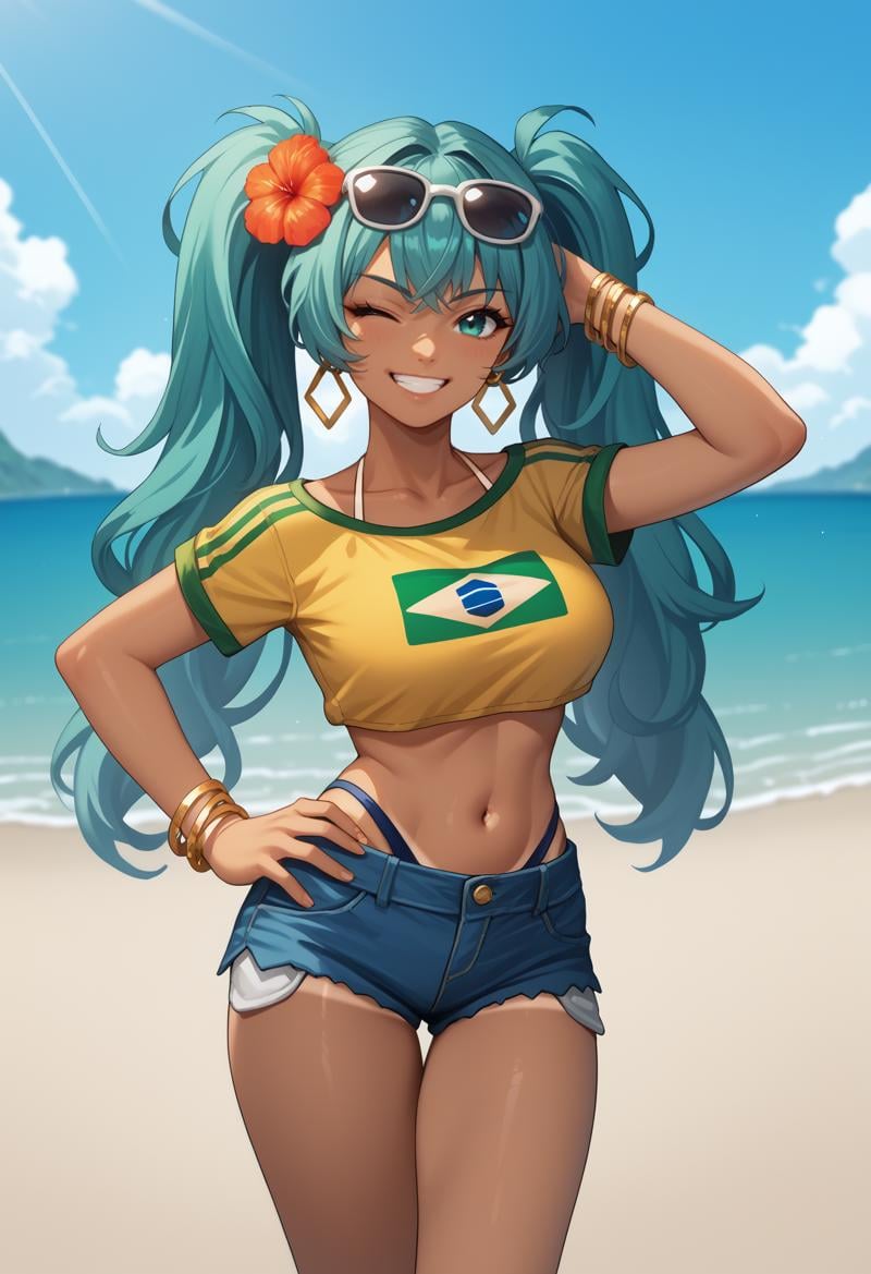 score_9, score_8_up, score_7_up, source_anime, solo, 1girl, brazilianmiku, dark-skinned female, tanlines, grin, looking at you, standing, hand on own hip, arm behind head, twintails, hair flower, sunglasses, eyewear on head, aqua eyes, one eye closed, yellow shirt, cropped shirt, short sleeves, swimsuit, blue shorts, denim shorts, short shorts, hoop earrings, bracelet, collarbone, midriff, large breasts, outdoors, beach<segment:yolo-face_yolov8m.pt,0.4,0.5//cid=1>