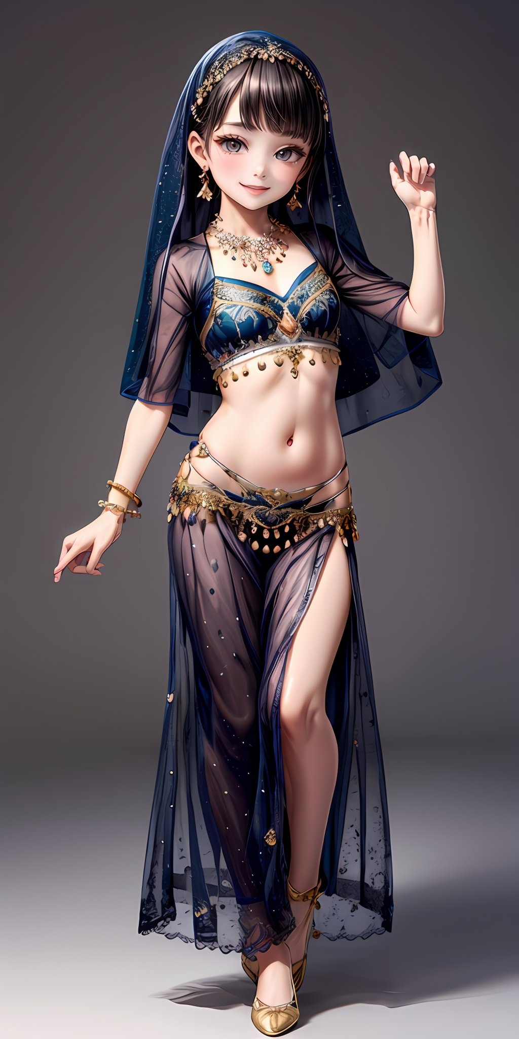 (masterpiece,ultra-detailed,best quality,8K,CG,illustration,shaved:1.0),(petite girl:1.0) <lora:more_details:1>, smile,simple background, <lora:belly dance clothes v1.0:0.5> jyojifuku, veil, midriff, necklace, earrings, see-through,dance,black clothes