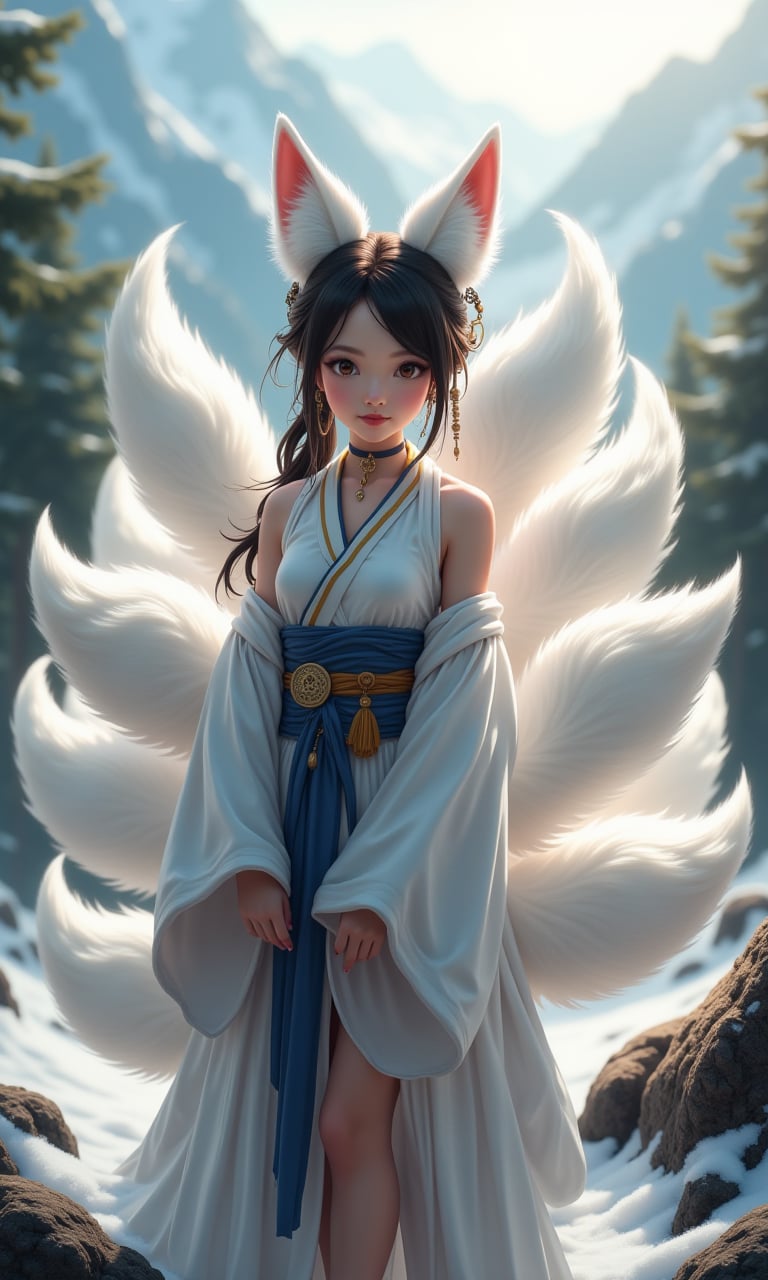 According to Chinese mythology,the Nine Tailed Fox has nine oversized fluffy tails and white fox ears. It stands out for its makeup,Chinese clothing,hair accessories,jewelry,earrings,wide sleeves,exposed shoulders,and semi transparent presence on snowy mountains. The image is messy,but filled with incredibly rich details,creating a realistic visual effect.,1girl,solo,tail,animal ears,fox tail,fox ears,outdoors,multiple tails,looking at viewer,full body,standing,day,bangs,backlighting,nature,swept bangs,sash,tree,long sleeves,facial mark,black hair,breasts,sidelocks,forest,lips,wide sleeves,choker,fox girl,brown eyes,smile,animal ear fluff,japanese clothes,collarbone,brown hair,sunlight,long hair,multicolored hair,arms at sides,obi,blurry,frills,braid,medium breasts,parted lips,hair ornament,tabi,