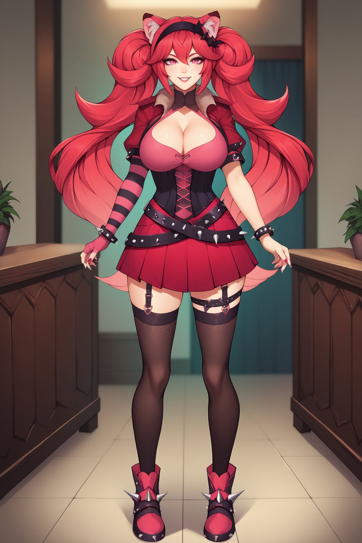 score_9, score_8_up, score_7_up, score_6_up, score_5_up, score_4_up, LunariaVTXL, pink eyes, red hair, bangs, sidelocks, long hair, twintails, animal ears, hairband, large breasts, red jacket, cleavage, corset, spiked bracelet, single right elbow gloves, pink fingerless gloves, red skirt, belt, garter straps, fishnet thighhighs, black thighhighs, boots, standing, full body, seductive smile, looking at viewer, indoors <lora:LunariaVTXL:0.8>