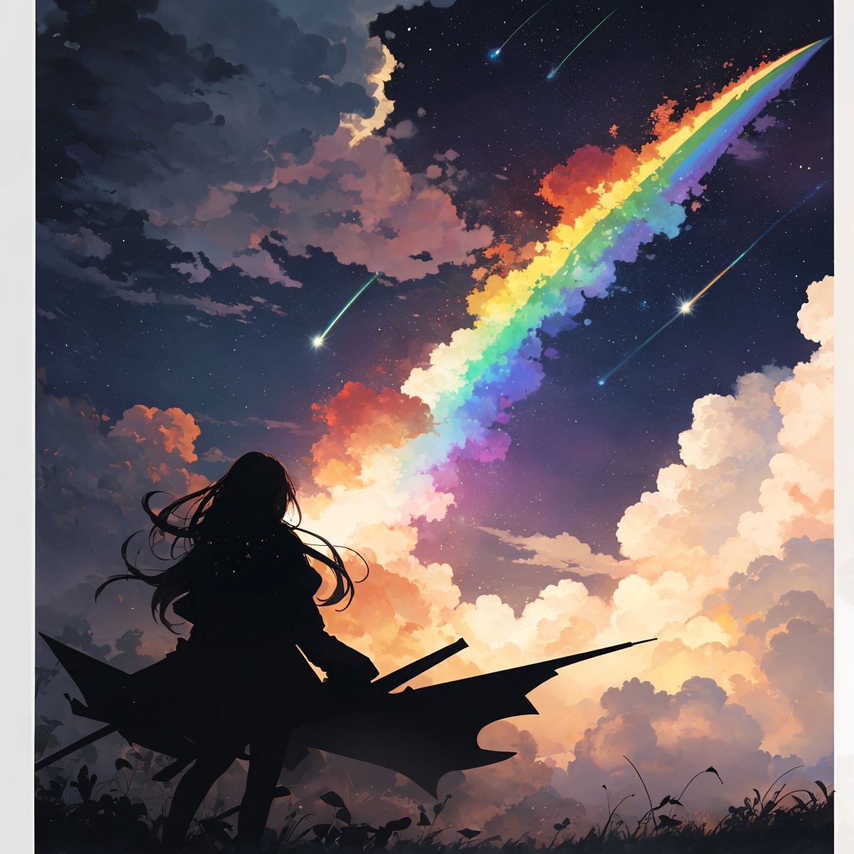 1girl, flowers, leaf, swirling mist, rainbow mist, dripping, traditional texture, (silhouette:1.3), rainbow:1.3, nebula, clouds, moon, meteor shower