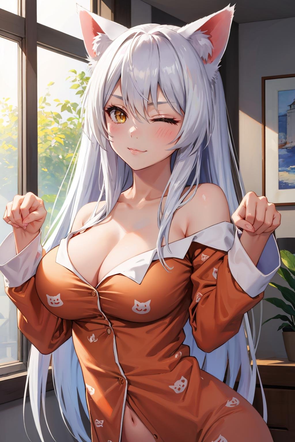 masterpiece, best quality, <lora:blkhanekawa-nvwls-v1-000009:0.9> blkhanekawa, very long hair, cat ears, slit pupils, orange pajamas, off-shoulder, cleavage, cat print, large breasts, paw pose, :3, wink, one eye closed, one eye open, looking at viewer, indoors, upper body