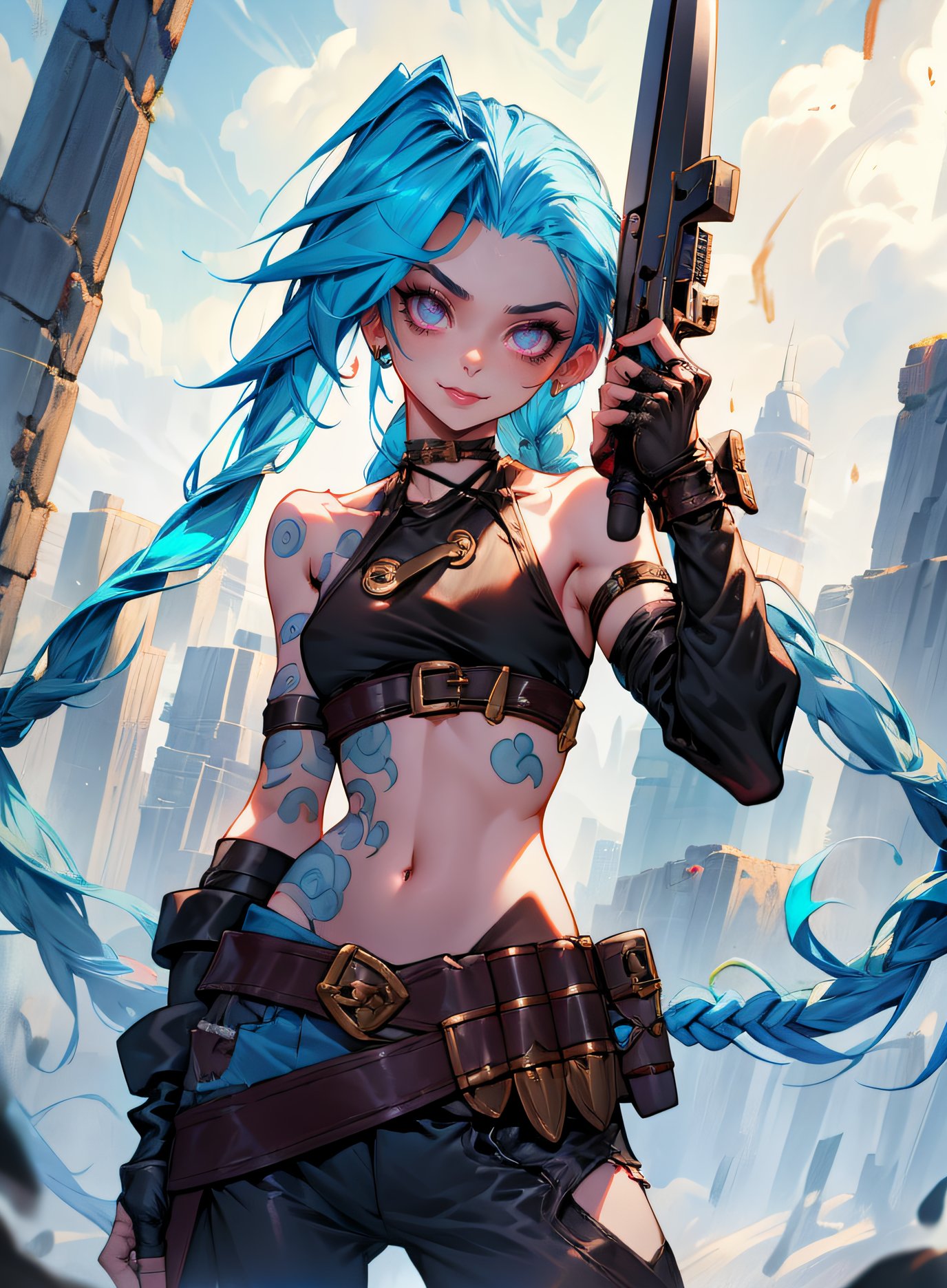 JinxLol, mature female,1girl, solo,looking at viewer, navel, gloves, fingerless gloves, character name, midriff, bare shoulders, looking at viewer, gun, crop top, belt,outdoors,<lora:JinxLol:1> jinxlol