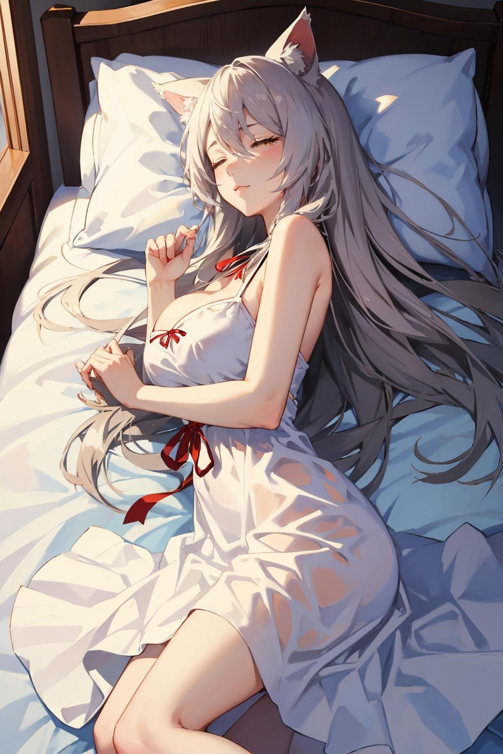 masterpiece, best quality, <lora:blkhanekawa-nvwls-v1-000009:0.9> blkhanekawa, very long hair, cat ears, slit pupils, large breasts, white dress, red ribbon, sleeping, from side, pillow, :3, closed eyes, bed