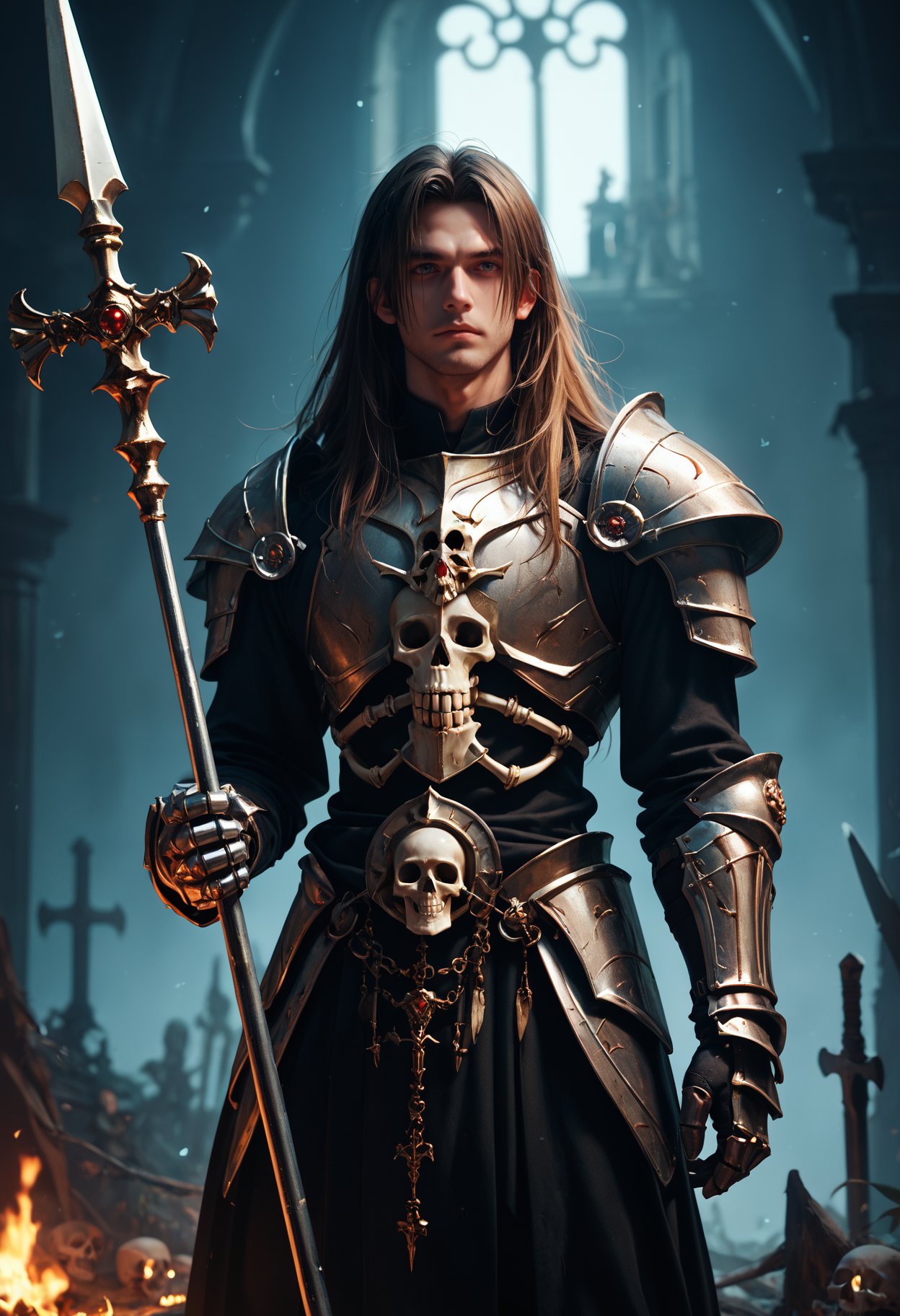 score_9,score_8_up,score_7_up,highly detailed,high budget,masterpiece,best quality,perfect anatomy,very aesthetic,8k,1boy, skeleton, death knight, long hair, solo, holding spear, gauntlets, armored, dark theme,