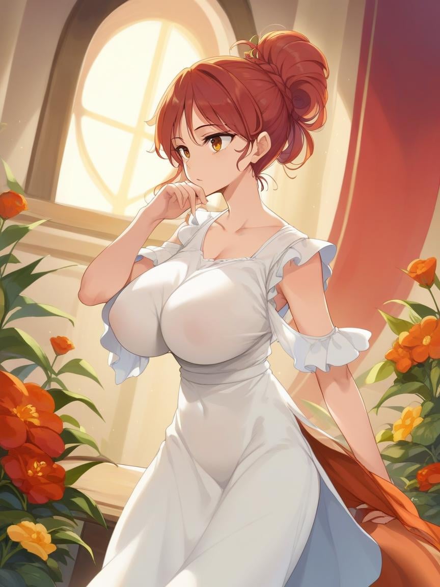 Surrealist art score_9, score_8_up, score_7_up, best quality, masterpiece, 4k, uncensored, perfect lighting, rating_explicit, very aesthetic, anime BREAK1girl with (breast breasts),auburn hair Curly Updo,light yellow (sundress),huge breasts,akashio_(loli_ace),simple background, . Dreamlike, mysterious, provocative, symbolic, intricate, detailed centered, digital painting, artstation, concept art, smooth, sharp focus <lora:breasts++-PD-breast_bags-1.0:1.2>