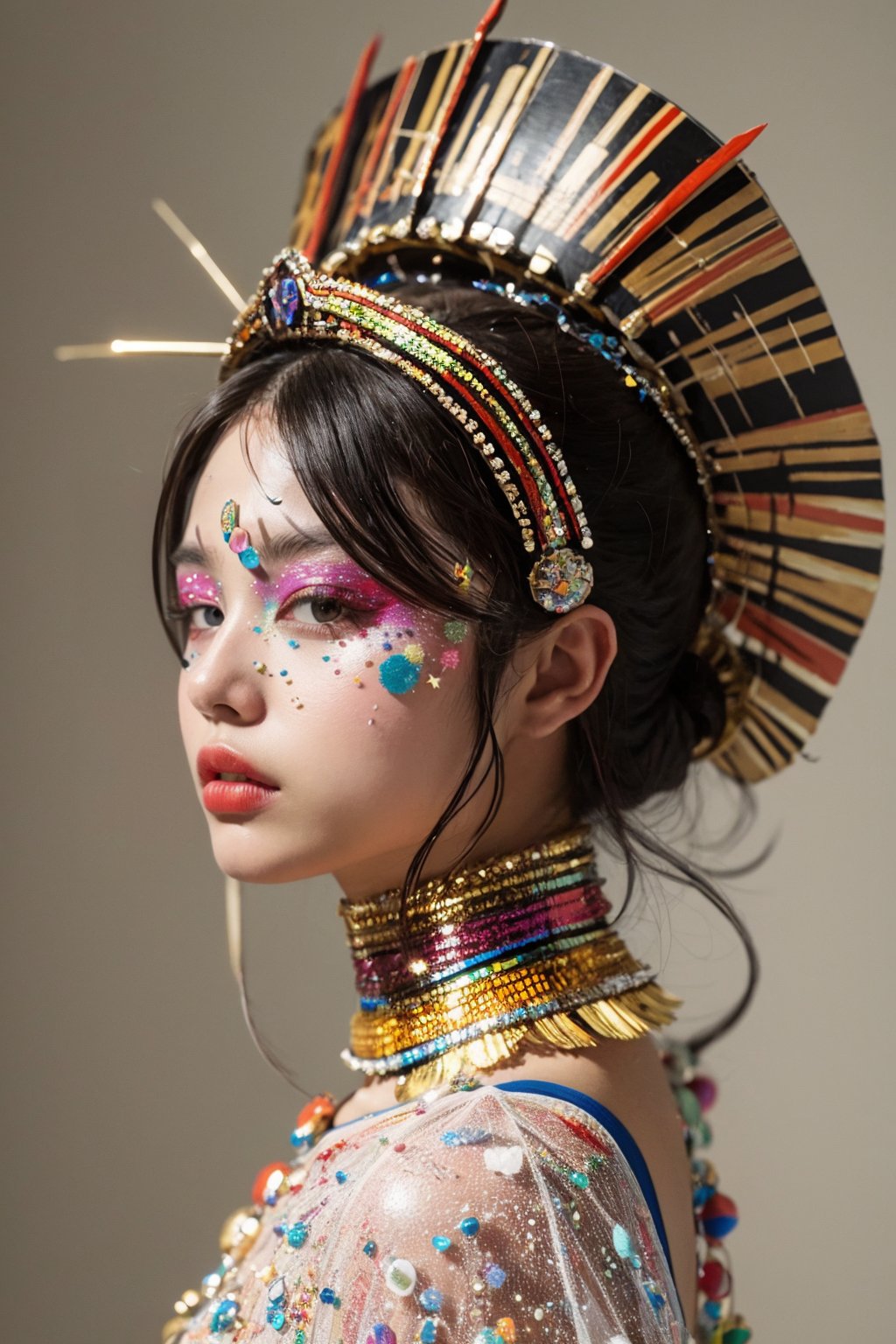 masterpiece,best quality,ultra high res,1girl,colorful tashan makeup,upper body,flash,<lora:20240401caizhuang-v1.2:0.8>,Confused Flour Beetle headdress,Shadow effect,Leather texture,Reverse angle,