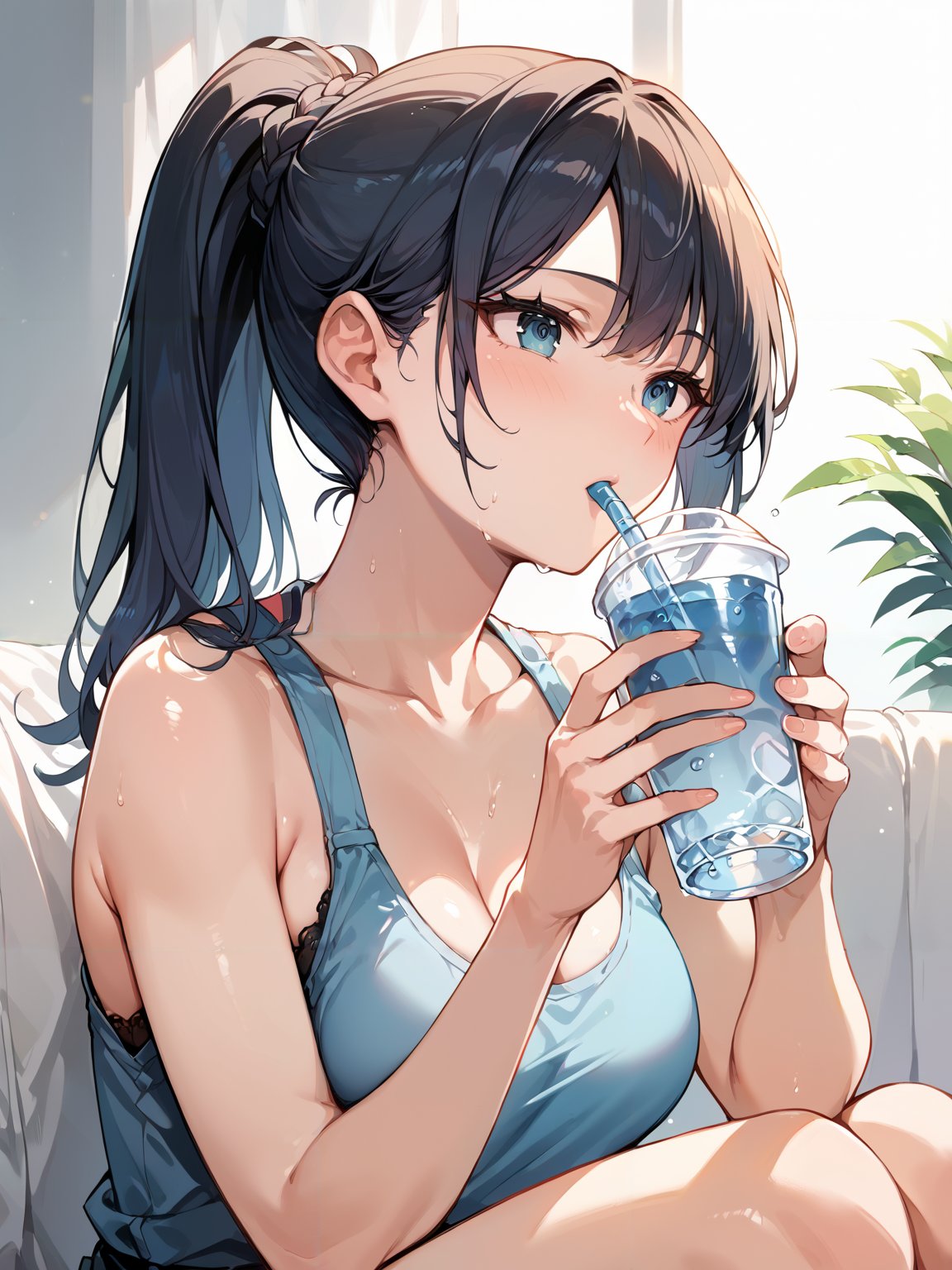 score_9, score_8_up, score_7_up,source_anime, high res image,masterpiece,best quality,woman,middle breasts,cute face,clear skin,shiny hair,ultra detailed eyes,  <lora:drinking_pony_V1.0:1> drinking,holding cup,water cup <lora:sweat_pony_V1.0:1> sweat,ponytail,looking at cup,sitting 