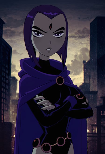 raventt, 1girl, solo, grey skin, cape, purple hair, purple eyes, forehead jewel, short hair, leotard, looking at viewer, belt,upper body, crossed arms,city, score_9, score_8_up, score_7_up, score_6_up <lora:RavenPony1.0:0.9>,  shadman_style <lora:Shadman:0.9>, 