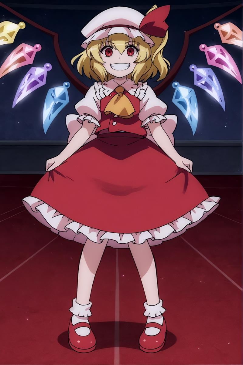 score_9, score_8_up, score_7_up,anime_source, source_anime, best background, detailed background, anime screencap,  Flandre, ascot, grin, crystal, frilled skirt, frills, hat, hat ribbon,  indoors, looking at viewer, puffy short sleeves, puffy sleeves, red ribbon, red skirt, red vest, ribbon, shirt, short sleeves, skirt, vest, white headwear, white shirt, wings, shoes, socks, fire ball, throw fire ball, yandere, <lora:JN_Flandre_Scarlet:0.8>