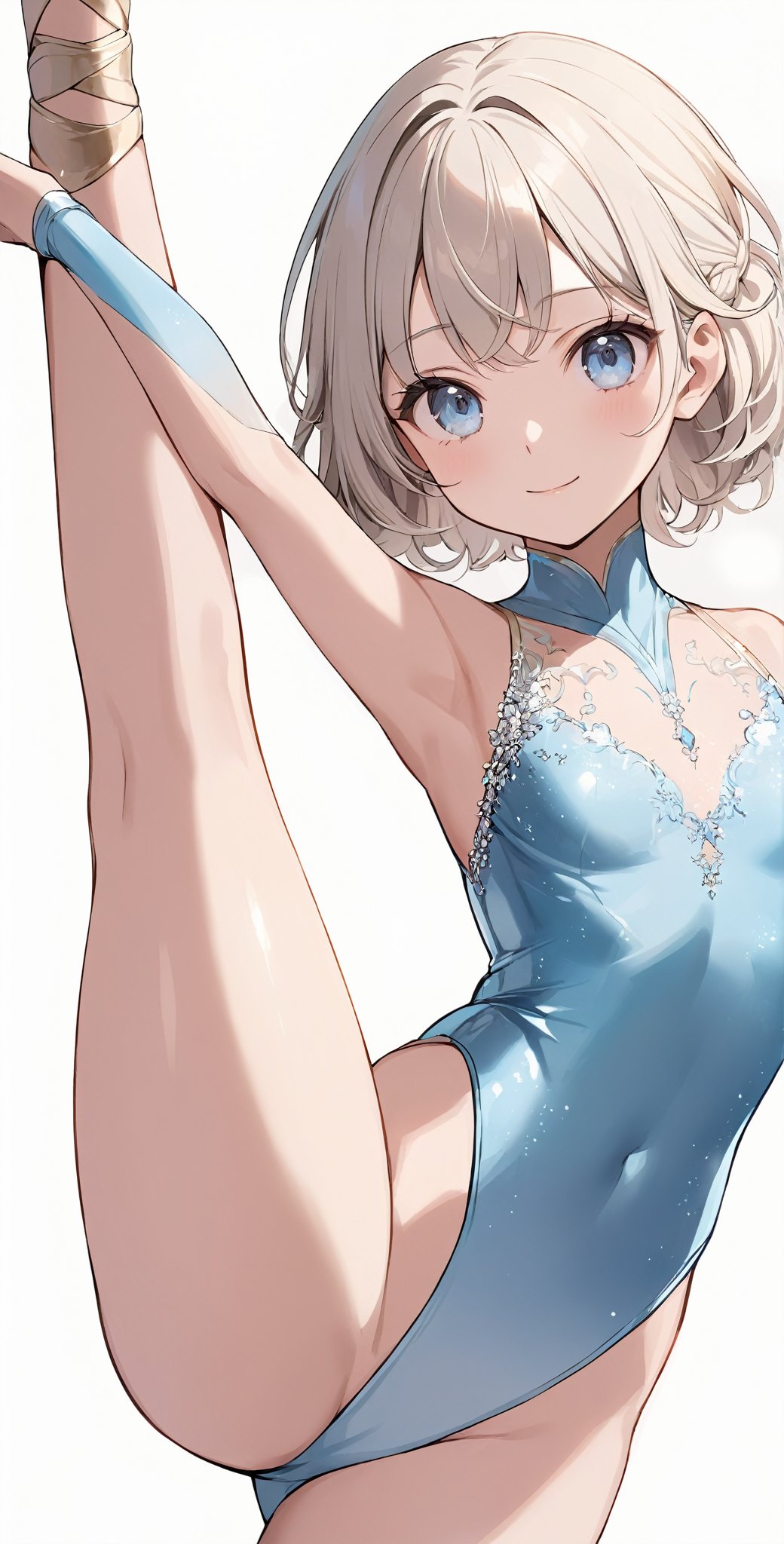 masterpiece,ultra-detailed,best quality,8K,illustration,cute face,clean skin ,shiny hair,woman,ultra-detailed-eyes,simple background, <lora:add-detail-xl:1>   <lora:rhythmic gymnastics_XL_V1.2:1.2> rhythmic gymnastics, leotard,leg up