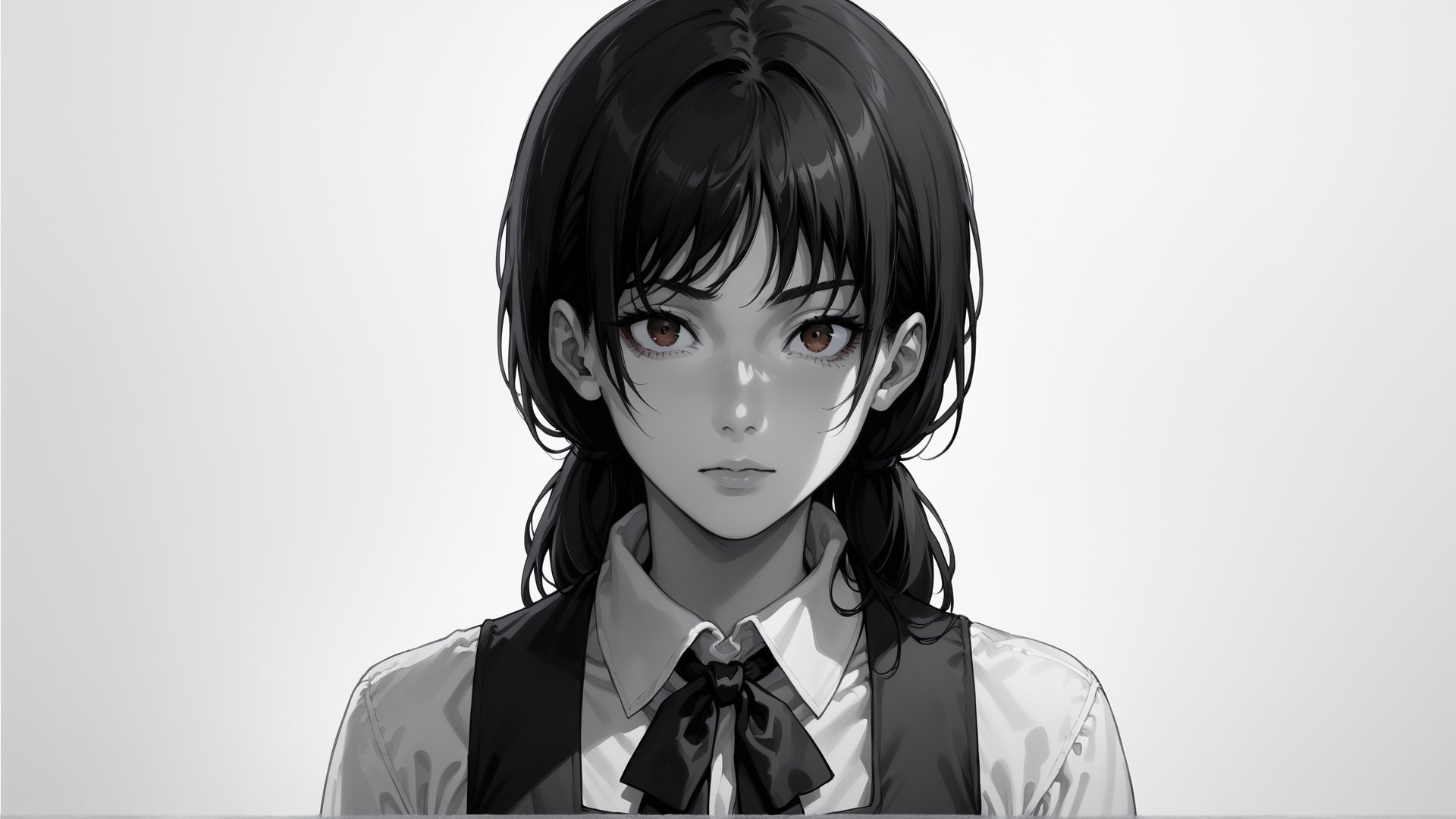 score_9, score_8_up, score_7_up, looking at viewer,<lora:Yoru_Chainsaw-Man_Pony-000008:1>, asa_mitaka, brown eyes, black hair, black ribbon, black pinafore dress, dark, emotionless, monochrome, simple background