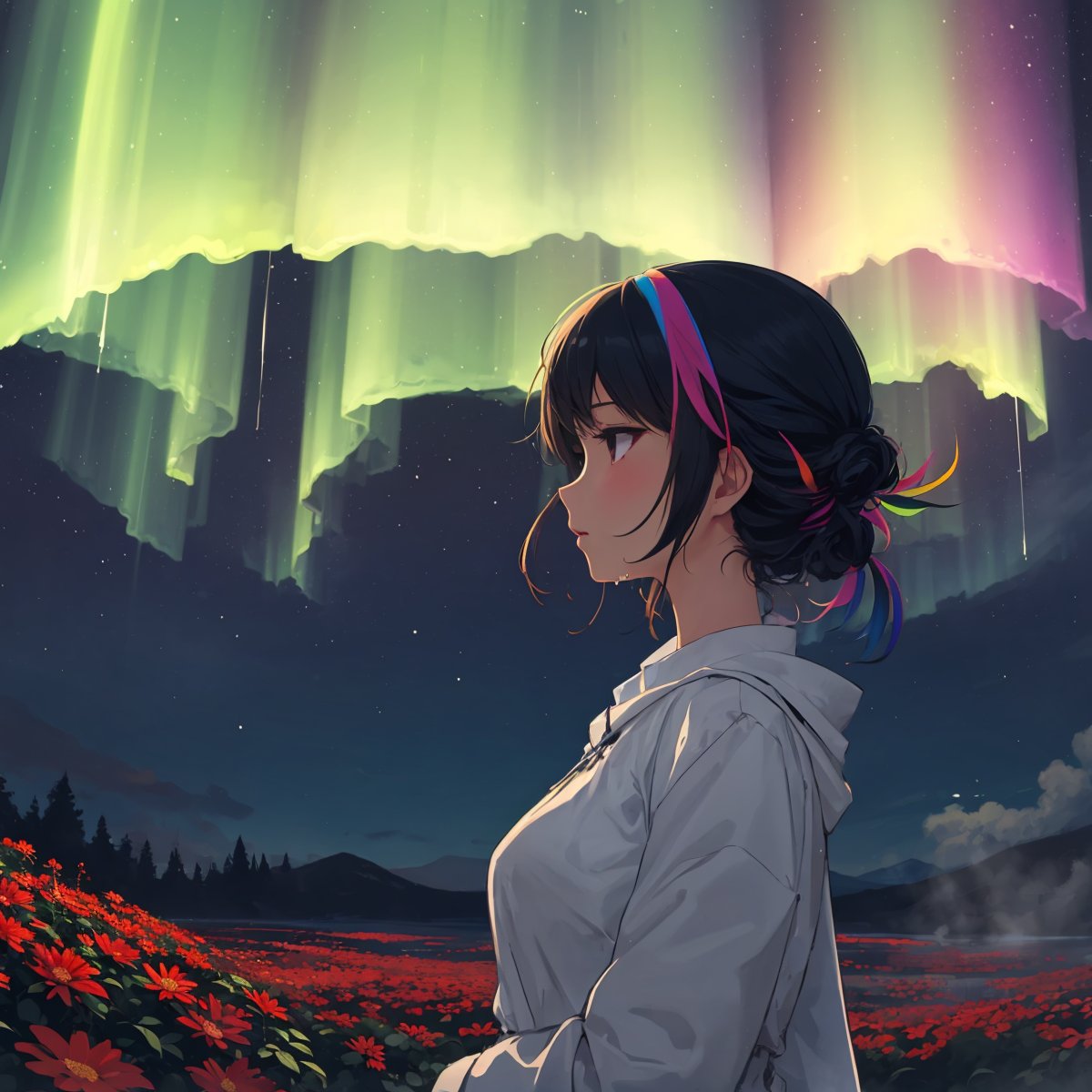 1girl, flowers, leaf, swirling mist, rainbow mist, dripping, traditional texture, (silhouette:1.3), rainbow:1.3, aurora borealis, meteor shower