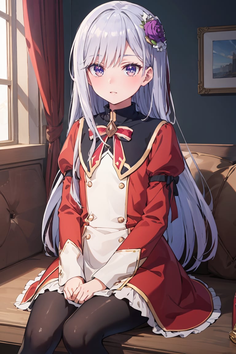 masterpiece, best quality, ultra-detailed, glistening shiny, glowing light, ray tracing, HDR, deph of field, (perfect face, detailed face), <lora:ChristinaBeltrum:0.7>, christinabeltrum, long hair, flower hair ornament, red dress, black collar, puffy sleeves, long sleeves, red bowtie, black pantyhose, sitting