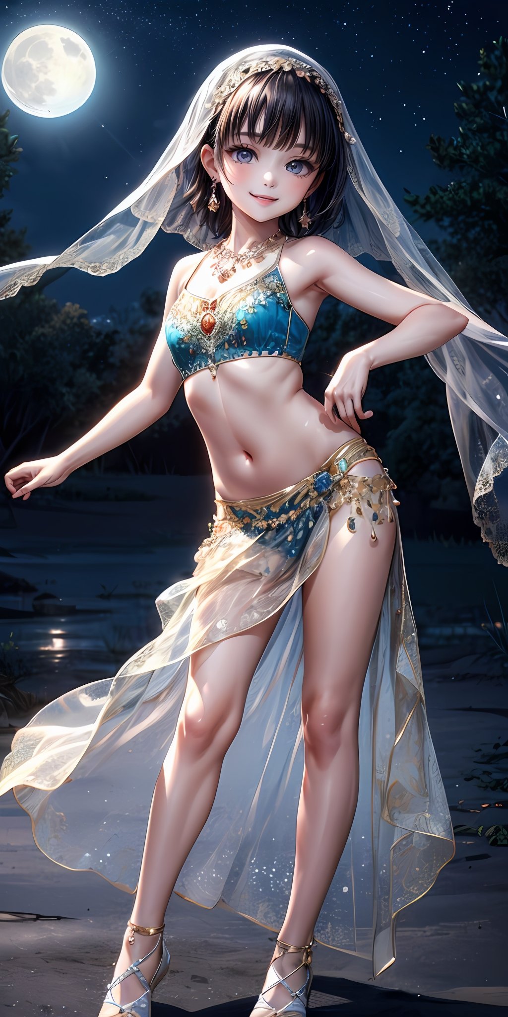 (masterpiece,ultra-detailed,best quality,8K,CG,illustration,shaved:1.0),(petite girl:1.0) <lora:more_details:1>, smile,simple background, <lora:belly dance clothes v1.0:0.5> jyojifuku, veil, midriff, necklace, earrings, see-through,dance,night,moon,outdoor