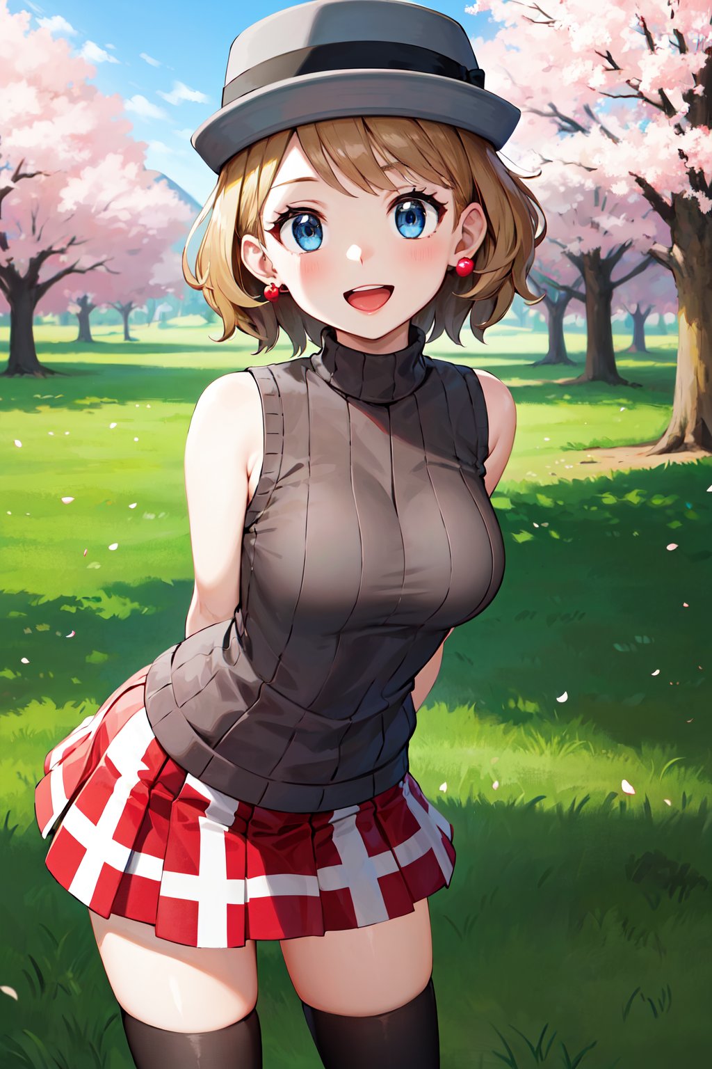 masterpiece, best quality, highres, ccserena, solo, short hair, (grey headwear:1.2), earrings, eyelashes, blue eyes, grey sweater, sweater vest, sleeveless turtleneck, bare arms, plaid skirt, red skirt, black thighhighs, <lora:serena_(pokemon)_v2:0.7>, standing, cowboy shot, arms behind back, leaning forward, smile, open mouth, outdoors, cherry blossoms,