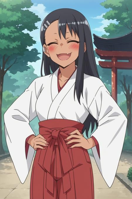 score_9, score_8_up, score_7_up, source_anime, <lora:nagatoro-multi-outfit_epoch_8:1> nagatoro hayase, outfit-shrine-maiden, blush, solo, hakama, dark skin, tree, skirt, bangs, japanese clothes, dark-skinned female, black hair, hairclip, red hakama, wide sleeves, 1girl, open mouth, outdoors, closed eyes, hakama skirt, skin fang, smile, kimono, long sleeves, miko, :d, fang, hair ornament, long hair, hands on own hips, 