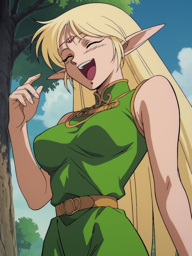 score_9, score_8_up, score_7_up, centered, source anime, retro artstyle, 1990s \(style\), deedlit, anime screencap, 1girl, elf, pointy ears, blonde hair, very long hair, closed eyes, large breasts, circlet, sleeveless, green dress, short dress, belt, gold hemming, laughing, <lora:Deedlit:0.9>