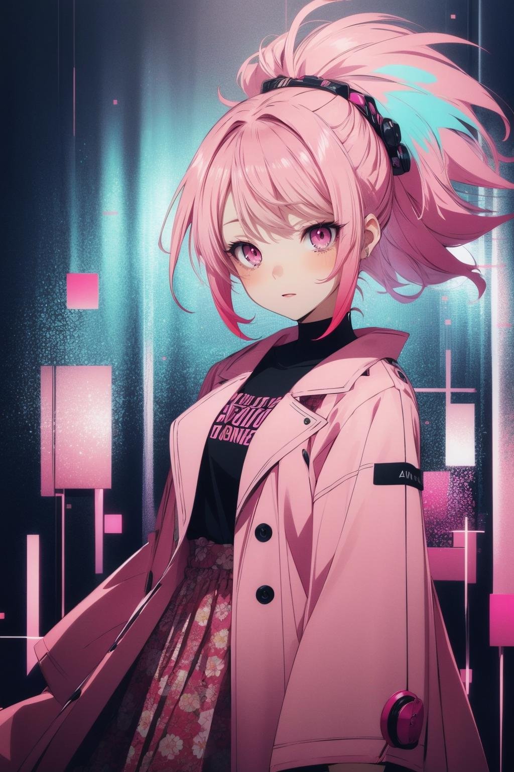 best colors, vibrant, anime screencap, 1girl, glowing expression, excited, pink and Magenta, pattern background, textured clothing, hairstyle, stylish, precedence