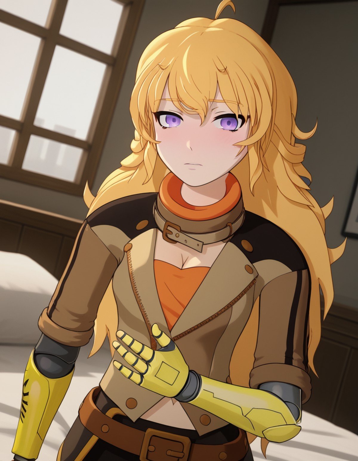 score_9, score_8_up, score_7_up, source_anime, <lora:yang-xiao-long-ponyxl-lora-nochekaiser:1>, yang xiao long, long hair, blonde hair, purple eyes, ahoge, bangs,, cleavage, jacket, belt, mechanical arms, single mechanical arm, prosthesis, prosthetic arm,, indoors, bed, bed room, on side, blush, drunk, looking at viewer, solo, cowboy shot, dutch angle