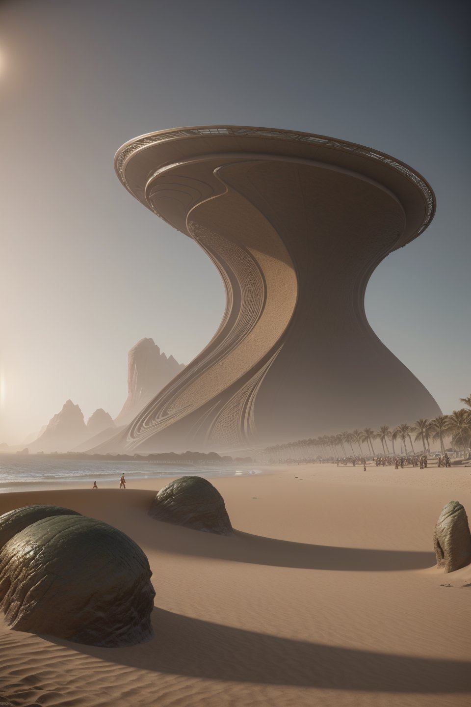 stylized by Raymond Leech, VRay, stylized, award winning, landscape of a (Oasis:1.2) and Interplanetary magnetic field, beach, Foggy conditions, Excessivism, Accent lighting