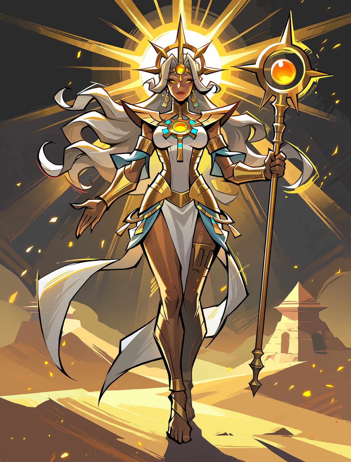 ART STYLE: epic fantasy anime illustration,  ancient mythology concept art,  cinematic masterpiece SUBJECT: solar goddess...