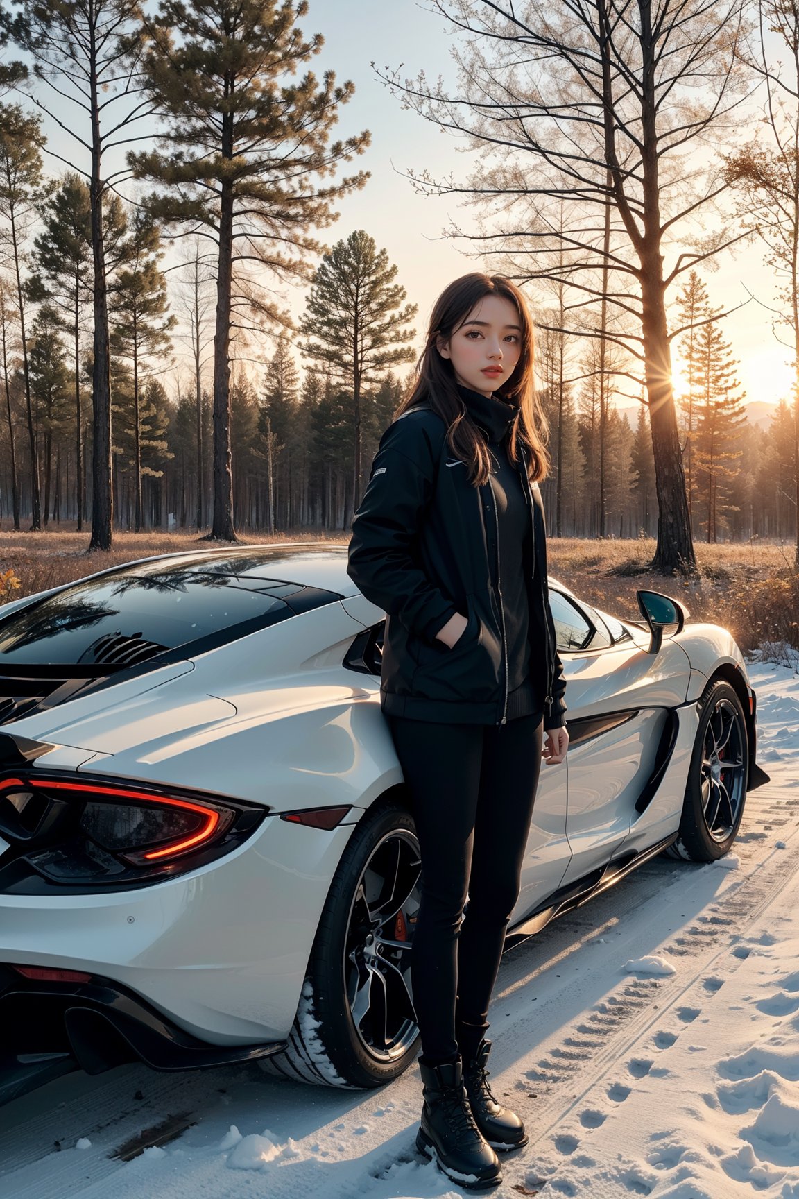 1girl standing next to a McLaren,autumn forest, sunset, leaves falling, first snow,