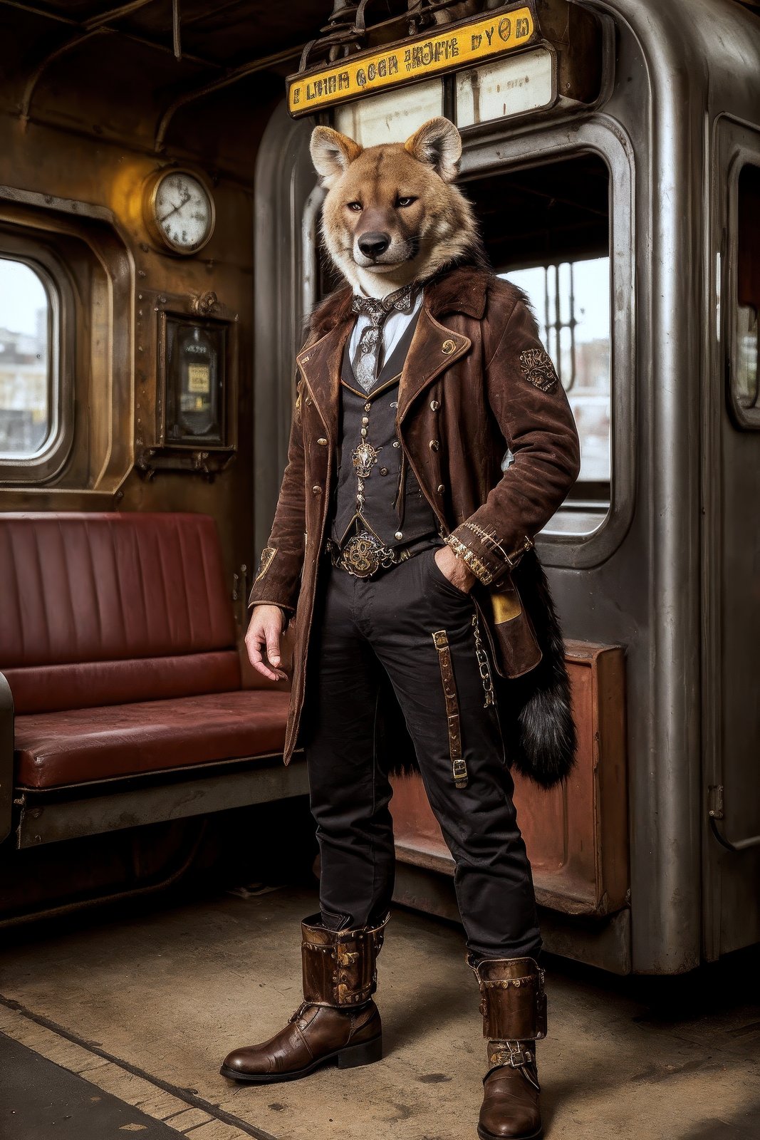 high quality realistic graphics, (((male furry focus style))), gay male hyena, steampunk city, steampunk train, standing next to train, wearing steampunk punk clothes