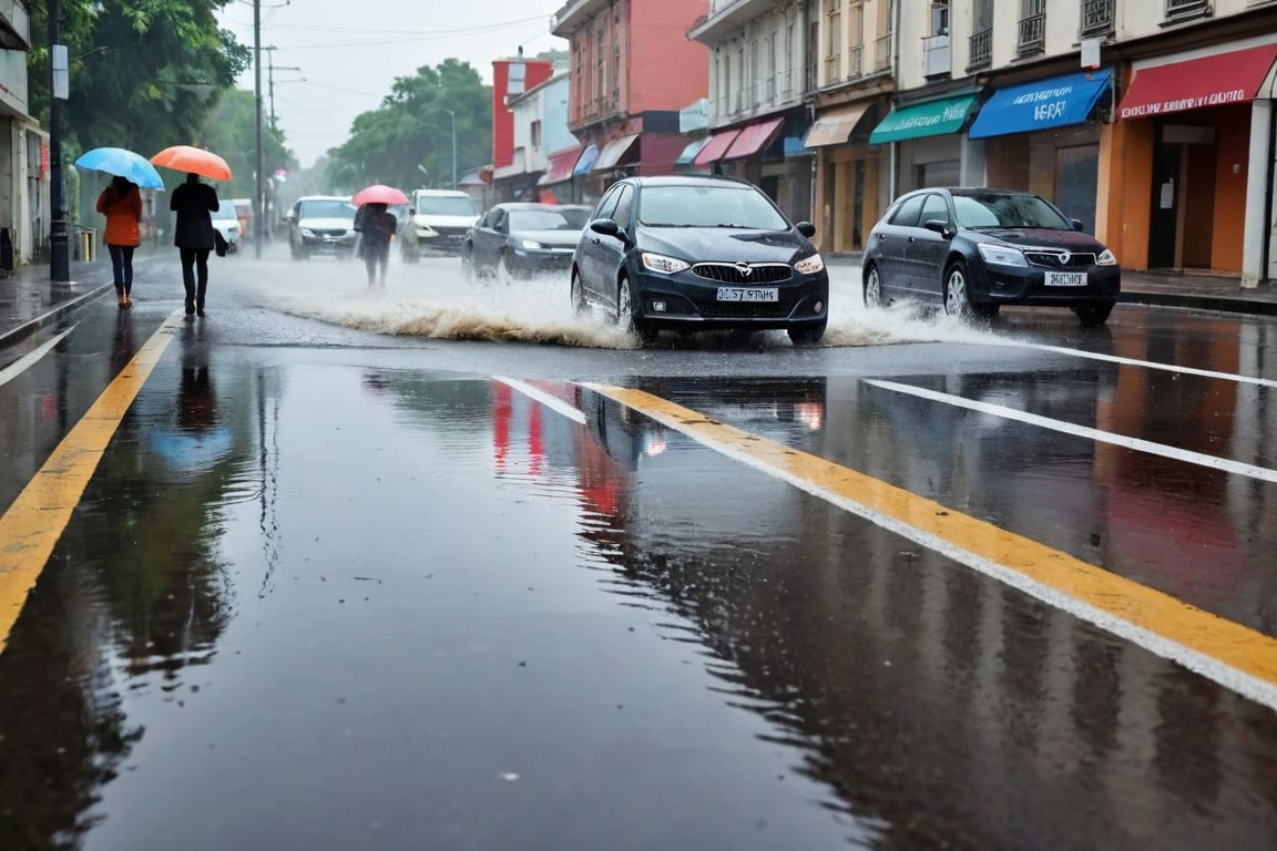 Water accumulates on the asphalt road after heavy rain.Water splashing as a car steps on water accumulated on an asphalt road. There are people with umbrellas on the side of the road. Ultra-clear,  Ultra-detailed,  ultra-realistic,  full body shot,  very Distant view,  facial distortion,<lora:EMS-74471-EMS:0.400000>,<lora:EMS-57135-EMS:0.400000>,<lora:EMS-24184-EMS:0.800000>