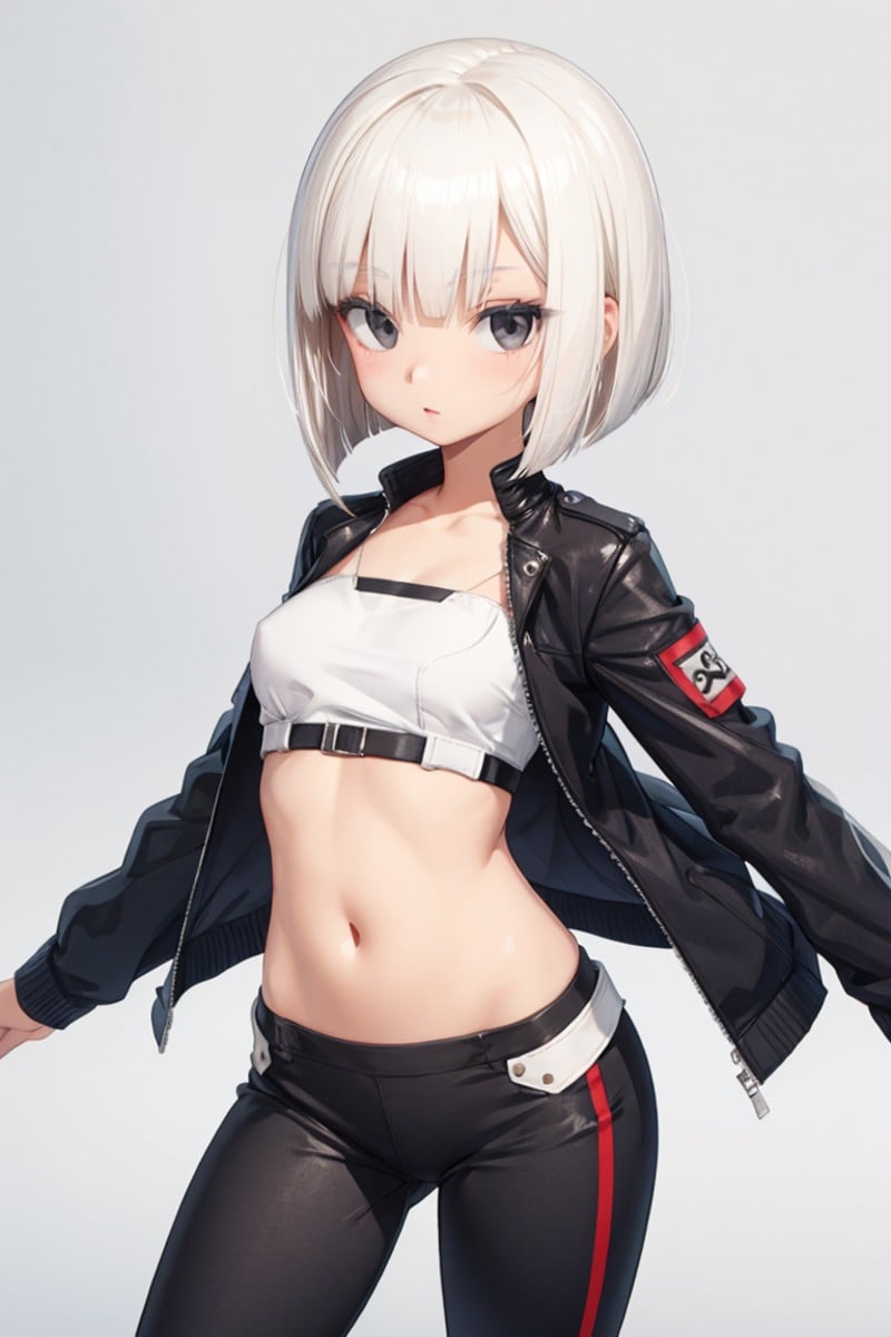 1lady,solo,leggings,cropped top,jacket,platinum blonde,bob cut,cowboy shot,black eyes,3D