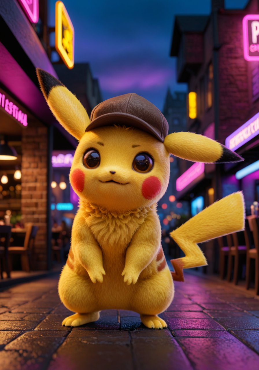 pikachu, deerstalker hat, fluffy fur, full-length portrait, big eyes, slightly chubby BREAK, unreal engine, pokmon detective pikachu, detailed background, detailed foreground, depth of field, ambient silhouette, backlighting, cityscape, restaurant, street, plant, neon light, purple light