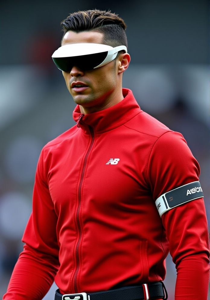 Cristiano Ronaldo ,  Hi-res photo. He wears futuristic electronic glasses. He is wearing a light red,  close fitting fligh...
