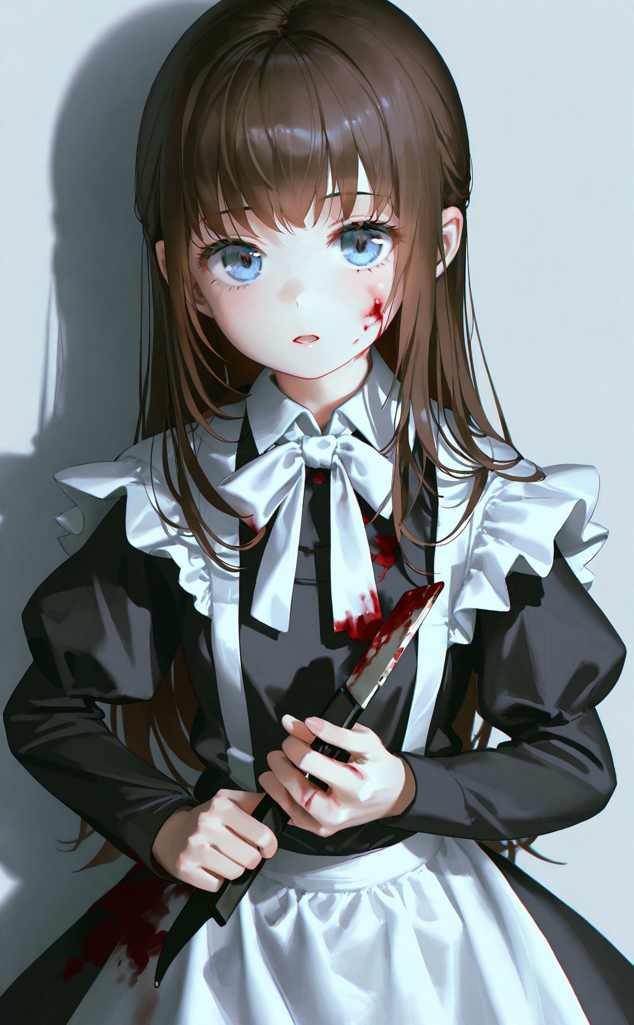 masterpiece,best quality,illustration,ultra detailed,hdr,Depth of field,(colorful),[iumu],[Artist chen bin],Artist roha,1girl,solo,holding,long hair,blue eyes,blood,apron,knife,looking at viewer,maid,brown hair,blood on face,long sleeves,holding knife,dress,black dress,bow,shadow,juliet sleeves,white bow,maid apron,weapon,white bowtie,puffy sleeves,white apron,open mouth,blood on clothes,bowtie,holding weapon,simple background,breasts,jewelry,parted lips,upper body,off shoulder,