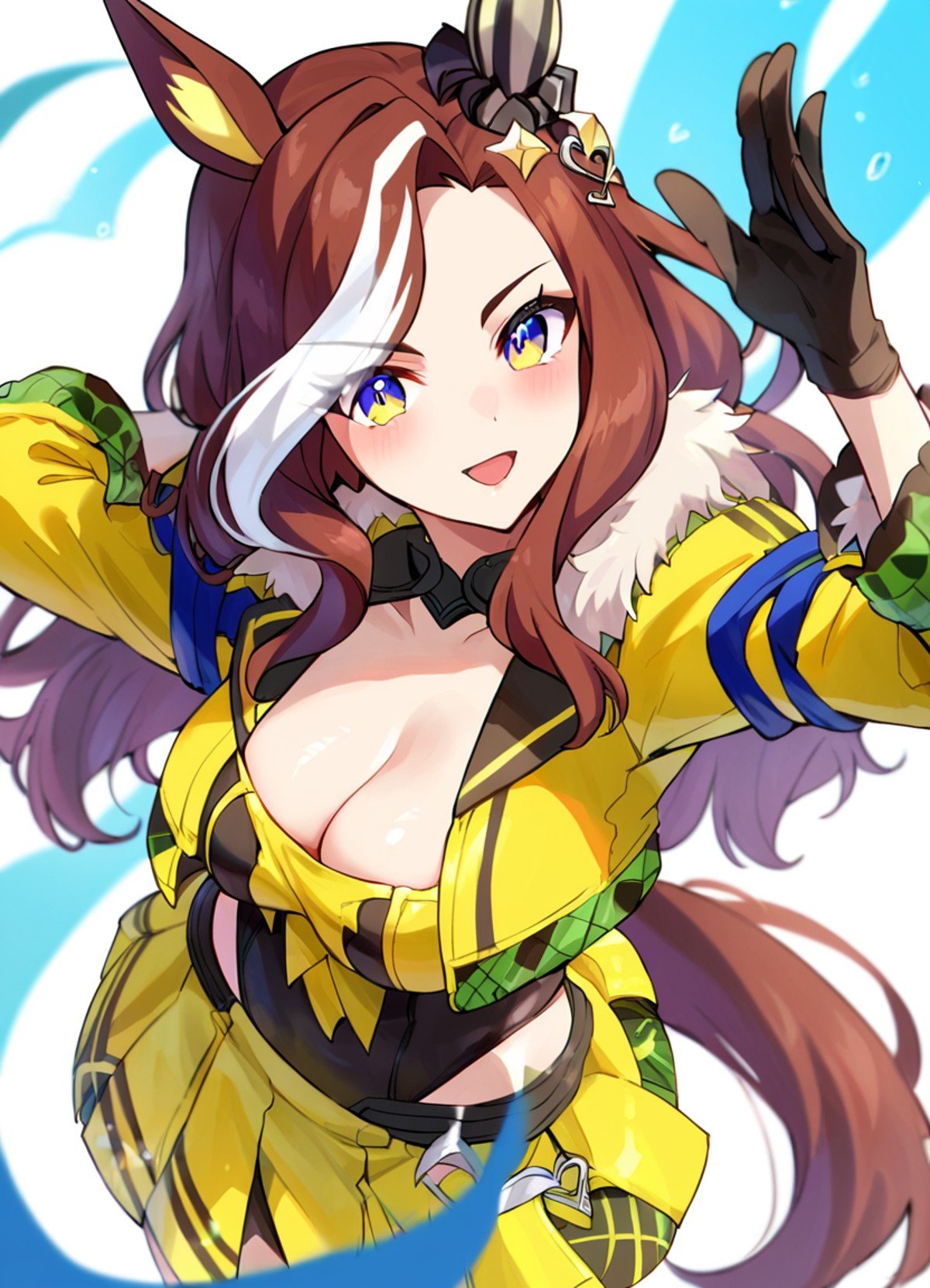 score_9, score_8_up, score_7_up, score_6_up, score_5_up, source_anime, rating_sfw, 1girl, daring heart \(umamusume\), ear covers, black leotard, yellow skirt, cropped jacket, medium breasts, long sleeves, cowboy shot, blush, open mouth, ear ornament, open jacket, looking at viewer, solo, yellow shirt, cleavage, black gloves, pleated skirt, yellow jacket, white background, fur trim, smile, fur-trimmed jacket, fishnets,best quality,masterpiece<lora:UmaDiffusionXL_UAF-pony:1.0>