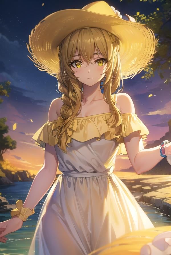 guildgirl, <lora:guild girl s2-lora-nochekaiser:1>,guild girl, long hair, brown hair, (yellow eyes:1.5), braid, single braid, smile,BREAK hat, dress, bow, white dress, sun hat, bare shoulders, collarbone,BREAK outdoors, beach,BREAK looking at viewer, (cowboy shot:1.5),BREAK <lyco:GoodHands-beta2:1>, (masterpiece:1.2), best quality, high resolution, unity 8k wallpaper, (illustration:0.8), (beautiful detailed eyes:1.6), extremely detailed face, perfect lighting, extremely detailed CG, (perfect hands, perfect anatomy),