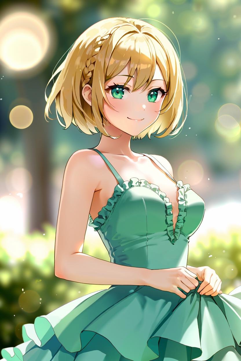 masterpiece, best quality, absurdres, solo, short hair, bob cut, blonde hair, green eyes, medium breasts, dress, frills, smile, simple background, bokeh, blurry background, 