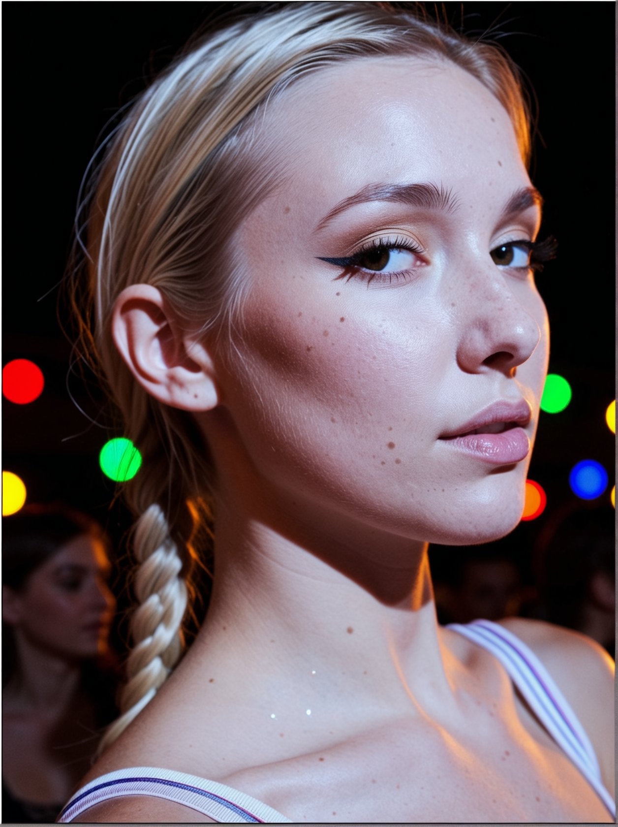 A vibrant nighttime close-up captures a young womanâ€™s face in striking clarityâ€”her long platinum blonde braid cascadin...