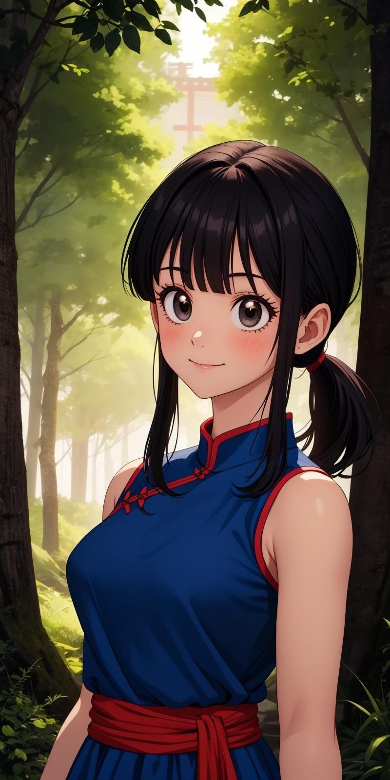 chichi, 1girl, solo, black eyes, black hair, blunt bangs, ponytail, sidelocks,china dress, blue dress, sleeveless, red sash, wristband, bare shoulders, smile,closed mouth,cowboy shot,forest,outdoor,(insanely detailed, beautiful detailed face, masterpiece, best quality) cinematic lighting,<lora:DB_ChiChi_v2:1>, <lora:more_details:0.3>,