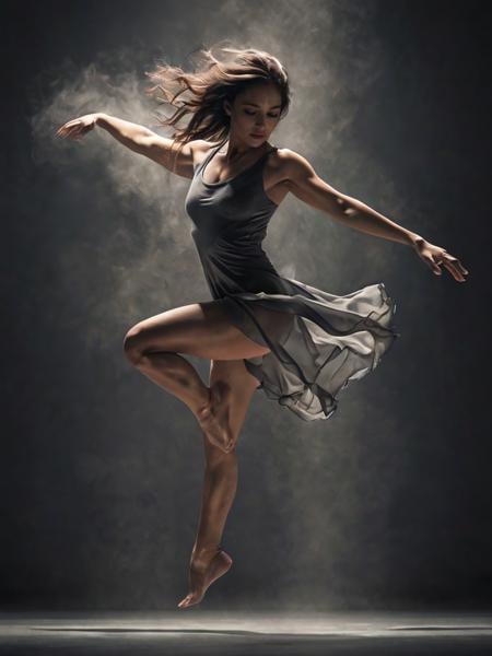 A photo of a dancer in mid-air during a powerful performance, capturing the intensity of their expression and the fluidity of movement, with every muscle tensed and defined under dramatic stage lighting.