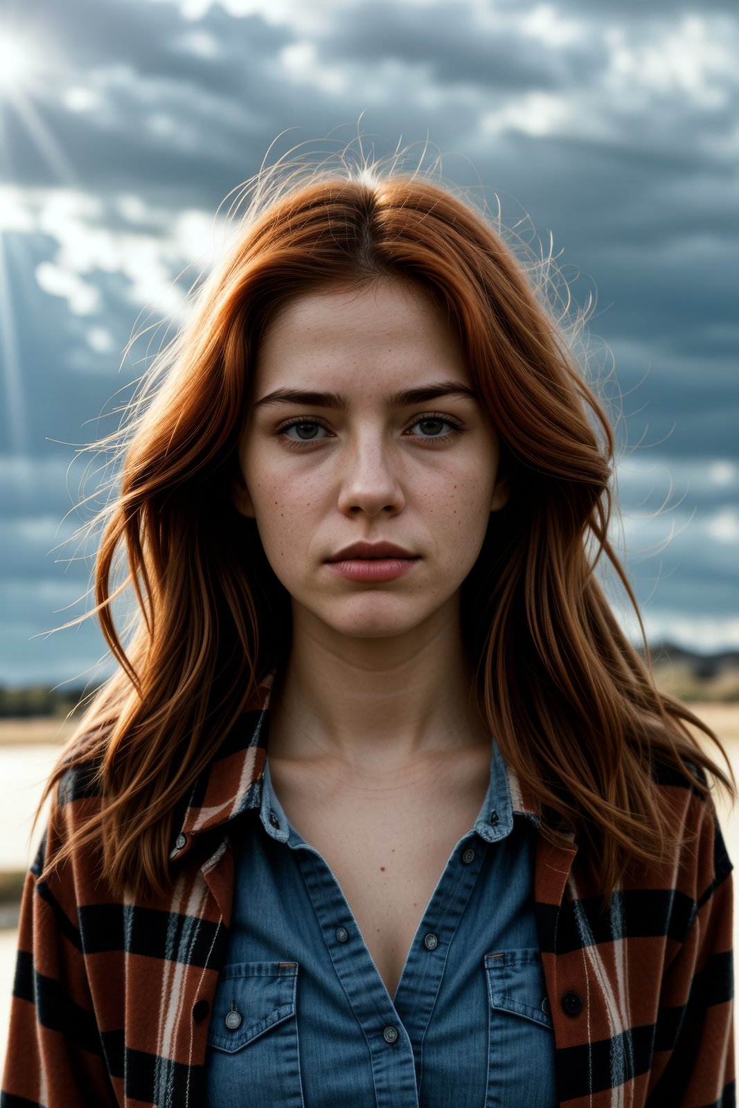 large format photo of a woman, (glowering face expression), copper hair, plaid flannel shirt with distressed boyfriend jeans, cowboy shot, under radiant god rays, sky level, shot on a film grain