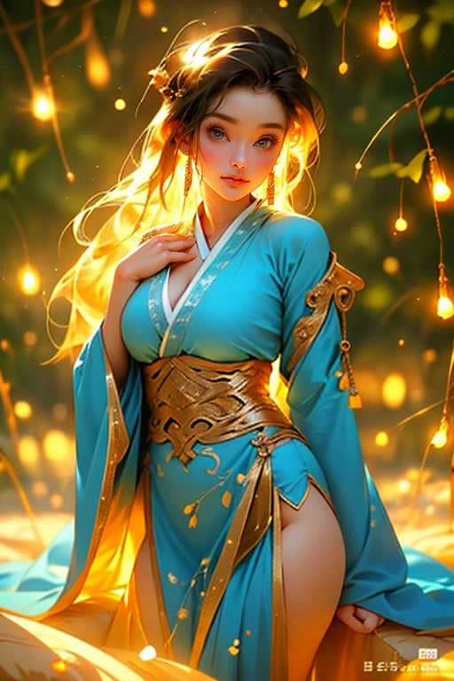 busty, sexy, beautiful WOMAN, 8k, charming body, good hand, good fingers, smooth coloring, sharp color, highly detailed and clean, Exquisite, Clear outline, masterpiece, ultra-realistic, best quality, high resolution, high definition, sumptuous SEXY HANFU,  dark sphere,Many glowing fireflies fly around <lora:lora:1>, blue tone