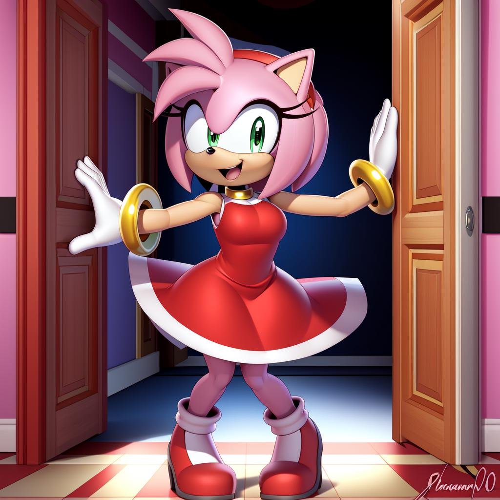 <lora:AmyRose1:1>, (masterpiece best quality:1.2), hdr, (uploaded on e621), (((by pakwan008, by chadthecartoonnut, by excito))), perfect hands, perfect anatomy, amy rose, 1girl, smile, open mouth, gloves, dress, jewelry, standing, full body, :d, hairband, teeth, sleeveless, indoors, white gloves, bracelet, looking to the side, sleeveless dress, border, skin tone arms, red dress, happy, crown, red footwear, furry, door, furry female, red hairband, black border, checkered floor, open door, solo, sonic the hedgehog \(series\), green eyes, animal ears, pink hair, pink fur, short hair, animal nose