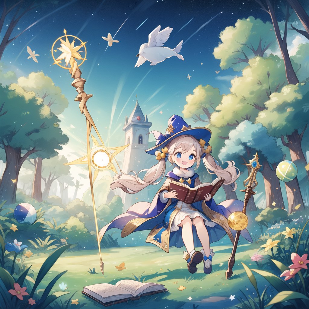 (masterpiece), (best quality), (extremely detailed), photo realistic, ((A magical girl, mage's robe, magical hat, magical staff, small cute plush ball errings, lot of flying objects, pigtails, A charming smile, reading magical casting-spelling book)), between dimensions, magic circle,　starlight, clock tower, fluffy, outdoors, full body, dynamic pose, dynamic angle, wide shot, ,forest,magic circles