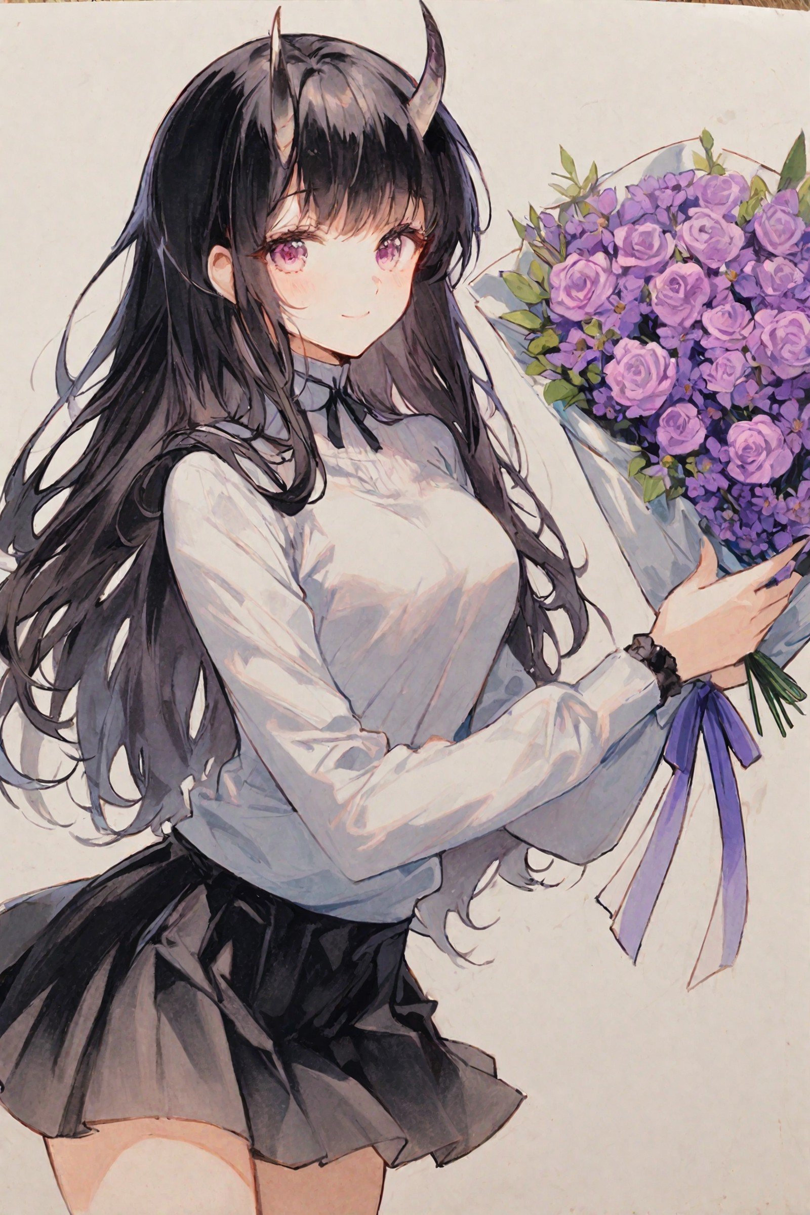 1girl, solo, horns, black hair, long hair, flower, smile, holding, looking at viewer, bouquet, long sleeves, bangs, holding bouquet, closed mouth, white background, skirt, cowboy shot, purple flower, bow, black skirt,traditional media, <lora:Hyatsu_XL:0.9>,