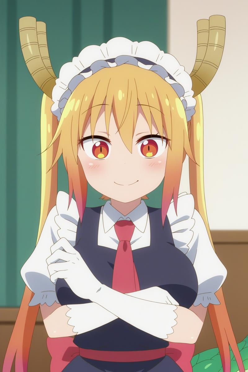 1girl,solo,tohru,mature,horns,twintails,fang,maid headdress,smile,gloves,whites gloves,dragon horns,tail,dragon girl,split pupils,looking at viewer,indoors,upper body BREAK score_9, score_8_up, score_7_up, score_6_up, score_5_up, score_4_up, source_anime,anime screencap, screencap, masterpiece,(contrast), dark light,vibrance,bright colors,BREAK dewy skin, perspiration on the skin,skin texture, fine lines, pores, natural imperfections,light reflections, glossy skin, shiny skin, megami magazine BREAK <lora:Tohru_-_Kobayashi-san_Chi_no_Maid_Dragon.safetensors:0.8>