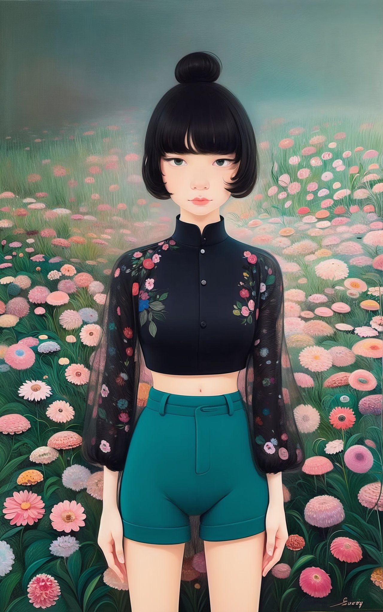 a painting,Willowy body,Blue-black sleek high bun hairstyle,Soft Teal DreamPuff sleeve blouse and paperbag shorts,Vibrant flower field in full bloom,Futuristic dystopian city viewpoint with robotic law enforcement,Oval faceDetermined facial expression,dynamic attitude,