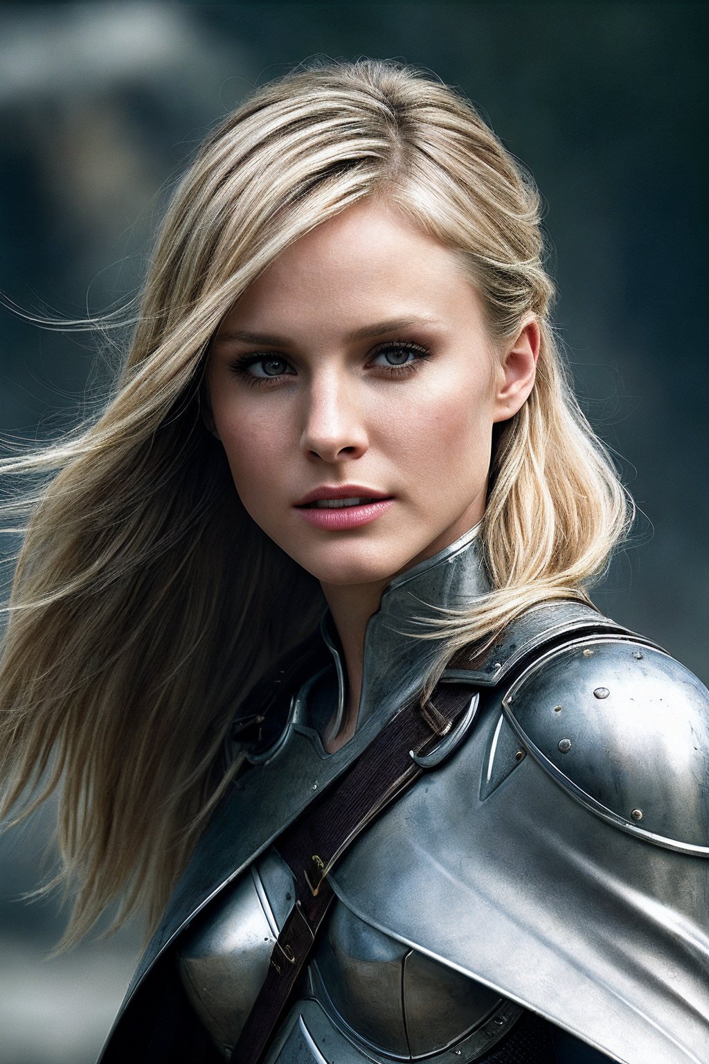 KristenB_SoloTI_v1,  (In a battle-worn suit of silver armor,  with a tattered red cloak draped over her shoulders by Solo...